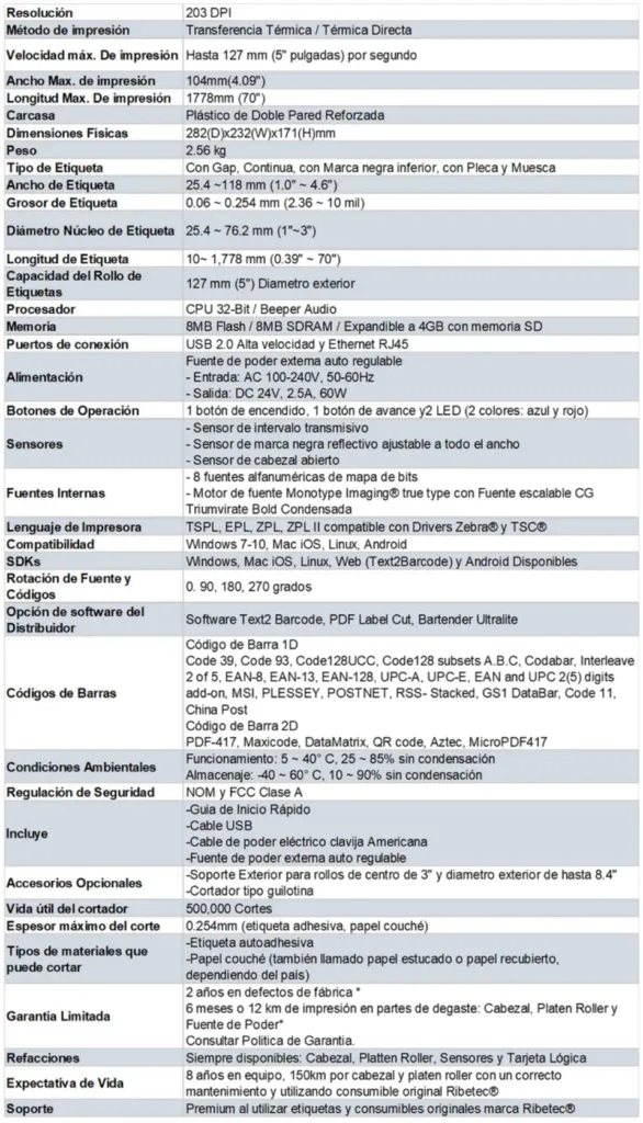Especificaciones Ribetec RT-425TT